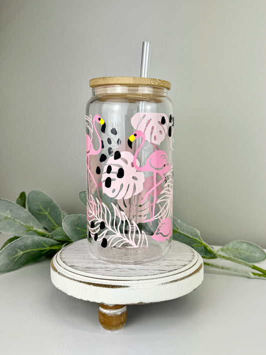 Flamingos 16oz Glass Can Tumbler