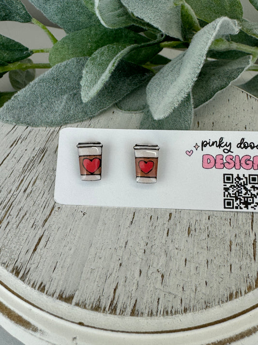 Coffee Cup Red Heart Wood Earrings