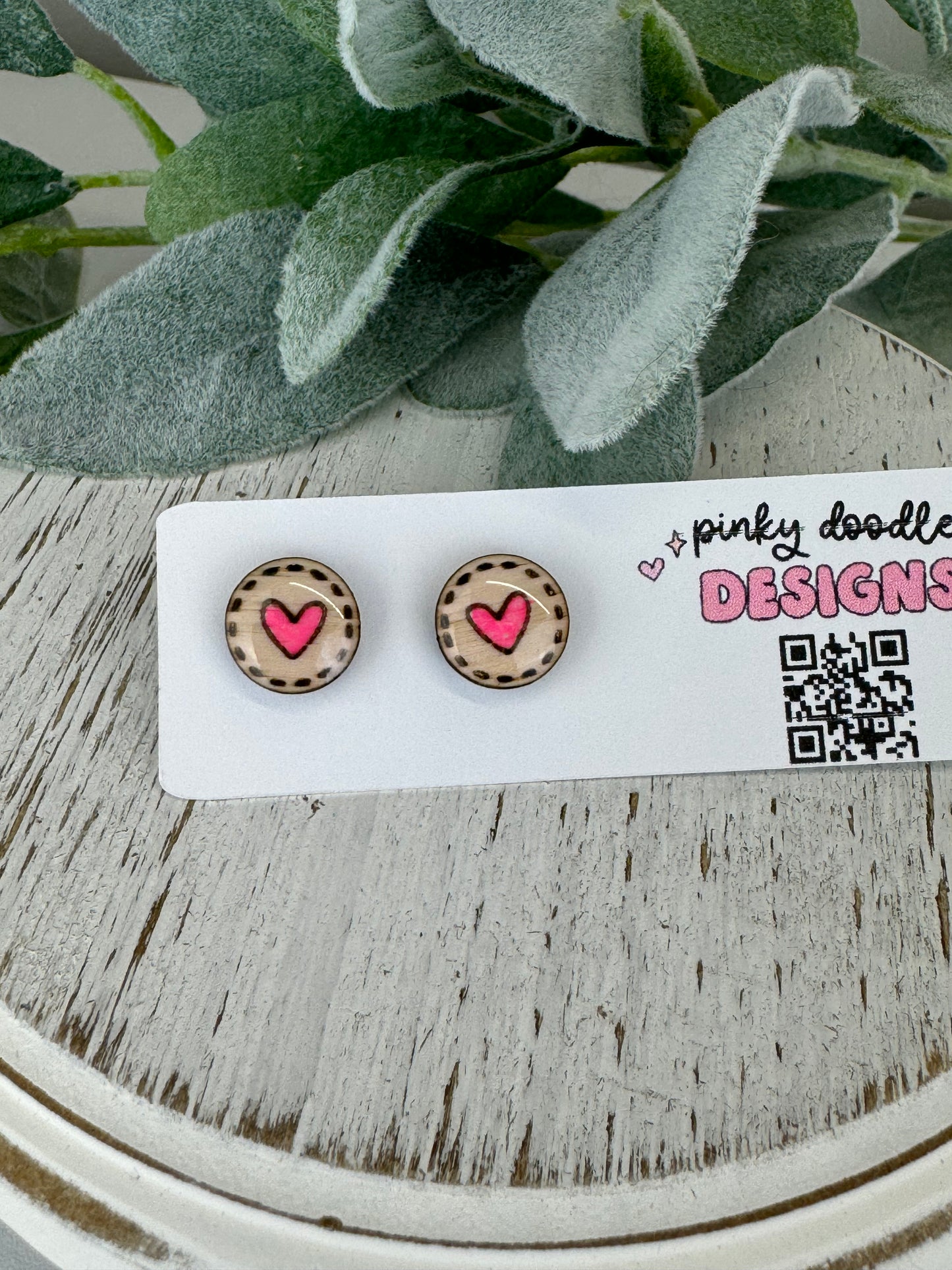 Circle Pink Heart Wood Earrings