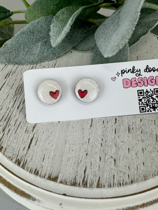 White Circle Red Heart Wood Earrings