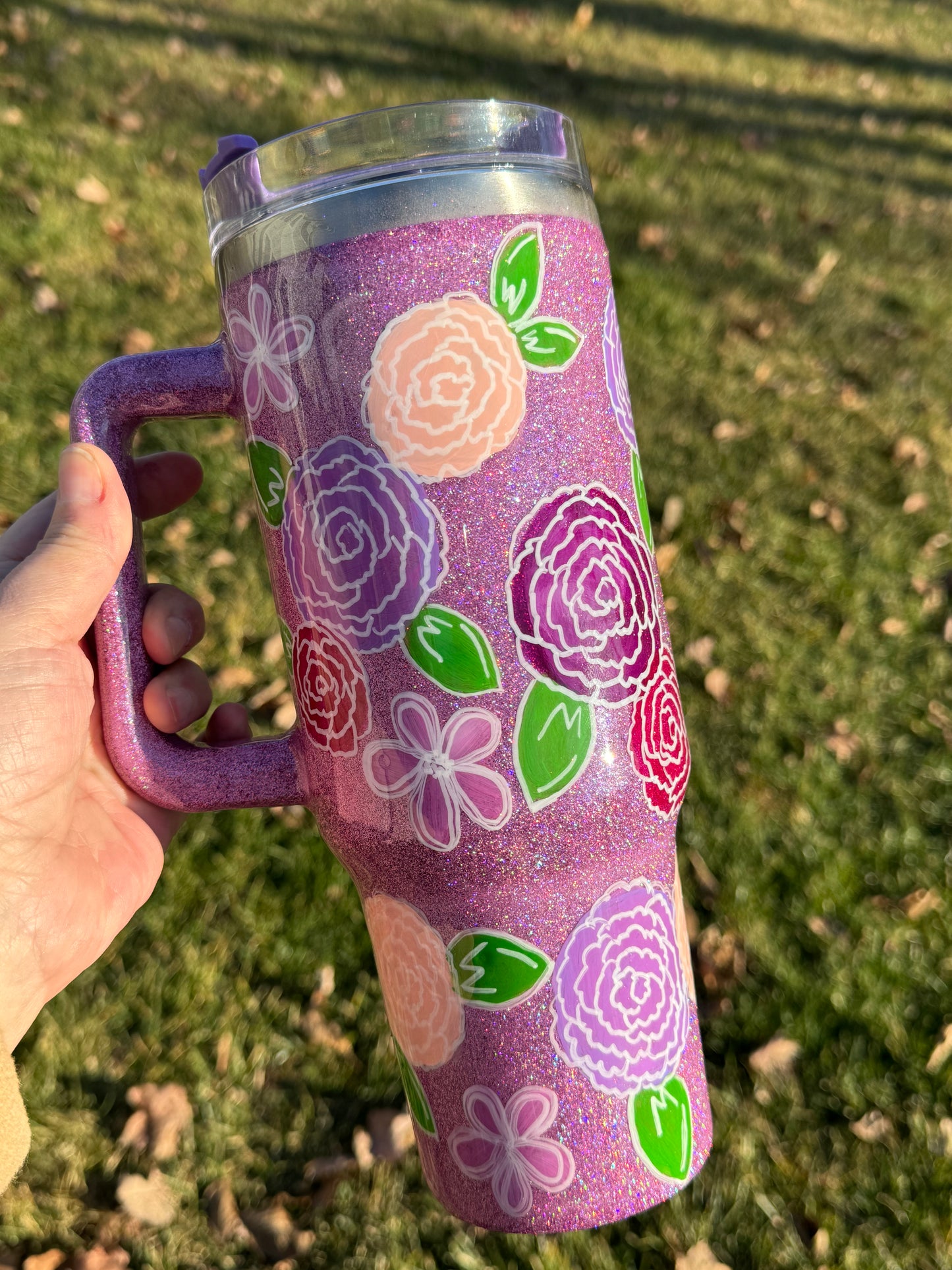 Hand Painted Purple Floral 40oz Stainless Steel Tumbler