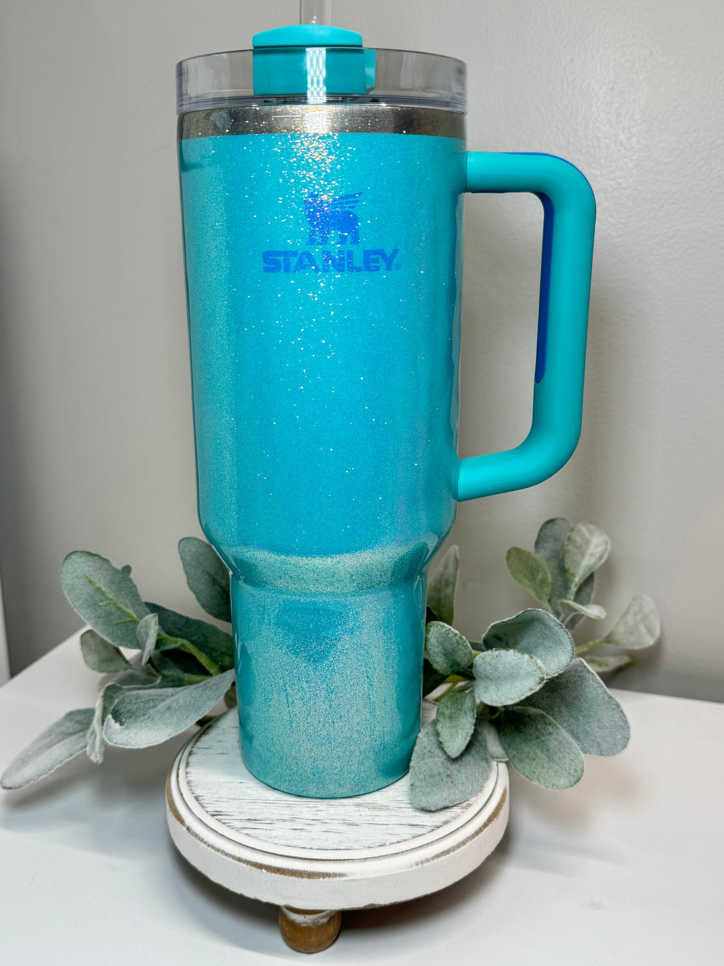 Custom Glittered Aqua 40oz Stainless Steel Stanley Tumbler