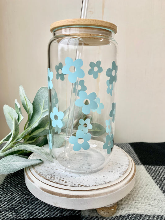 Retro Flowers 16oz Glass Can Tumbler